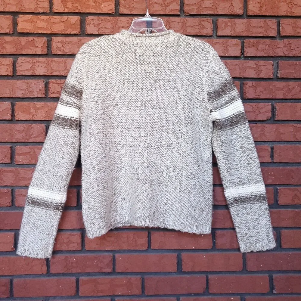 VTG Roll Neck Sweater Sz L Wool Blend Chunky Fisherman Beige Neutral Stripe